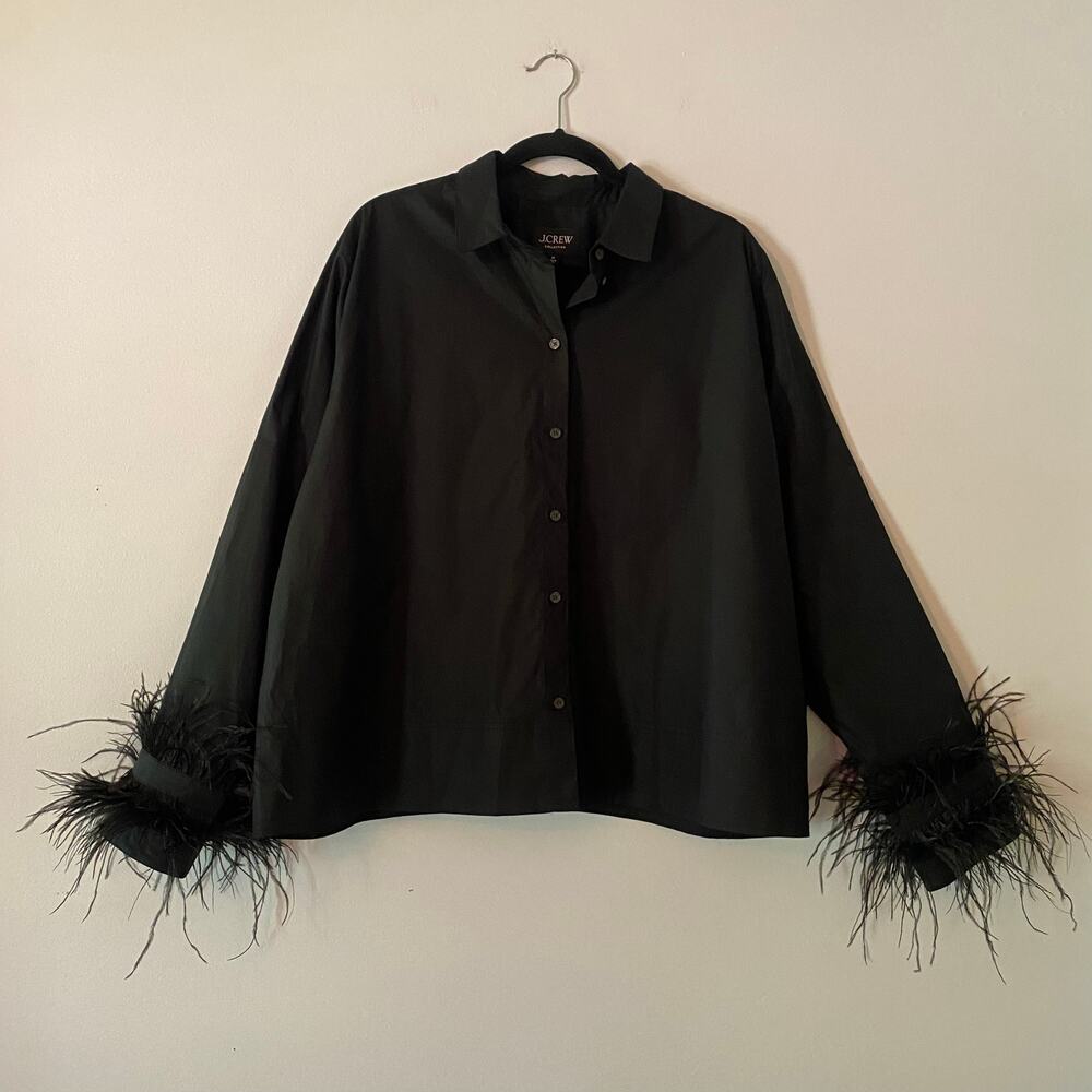 NWT J.Crew Black Button Down Shirt Feather Cuffs Preppy Cotton Boxy Women's 24